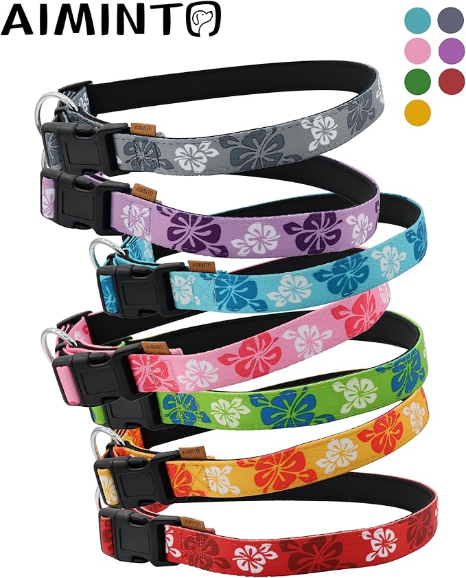 Dog Collar, Cute Floral Pattern, Neoprene Padded and Adjustable Collar with Quick Release Buckle, Reinforced Structure (L (Neck 18-28", Width 1"), Hawaiian Pink)