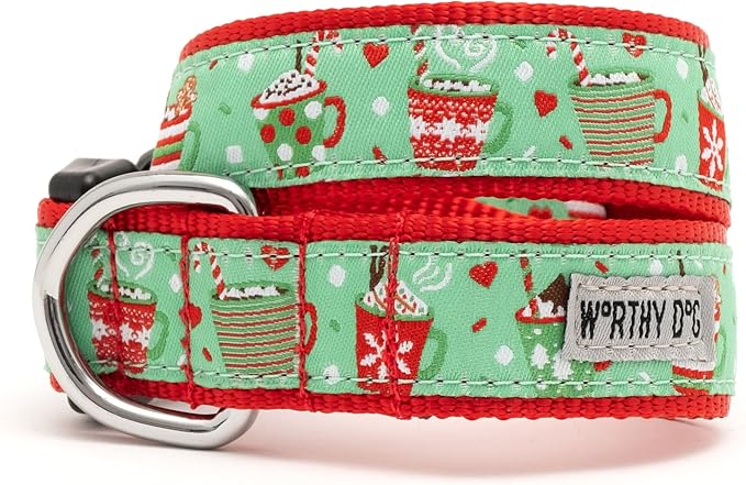 THE WORTHY DOG Collar for Large Dogs, Adjusts 15-21 inches, Durable Nylon Webbing, Quick Release Buckle, Holiday Lattes Pattern, Green, Large