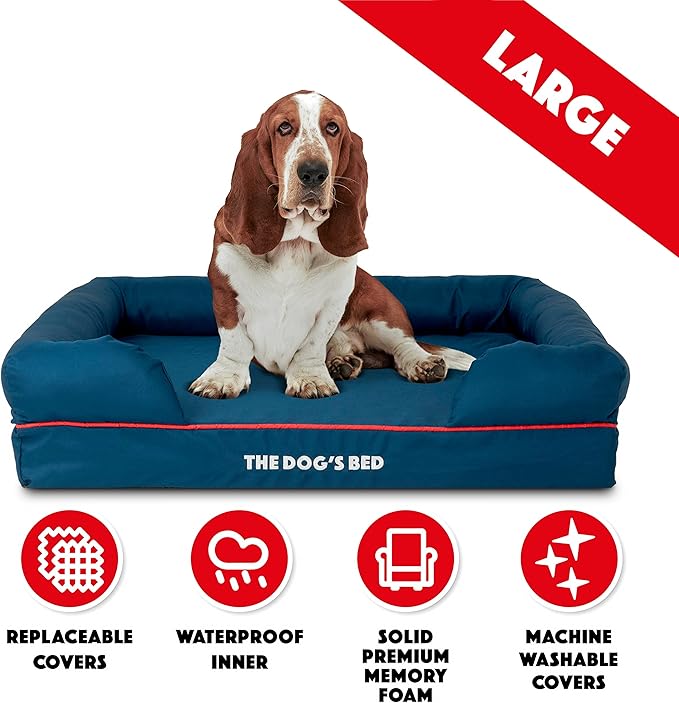 The Dog’s Bed Orthopedic Memory Foam Dog Bed with Bolsters, Oxford Fabric, Blue with Dark Red Trim, Large