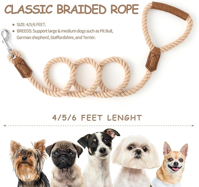 Mile High Life Dog Leash, Braided Cotton Rope Leashes with Leather Handle - Heavy Duty Metal Clasp, 6FT, 1/2" Thick - Wedding, Walking & Training Leash for Small Medium Large Dogs (Light Brown)