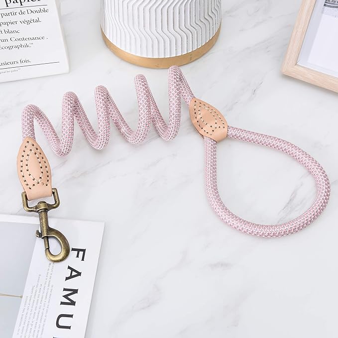 Mile High Life Dog Rope Leash 6 FT with Genuine Leather Tip, Reflective Rope Leash for Medium Large Dogs (Pink, 72 Inch)