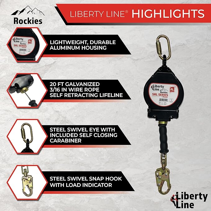 Liberty Line Rockies 20 Foot Aluminum Housing Cable SRL with Snap Hook - Includes Installation Carabiner and Tagline (ANSI)