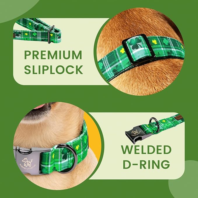 Elegant little tail St Patrick's Dog Collar - Green Plaid Lucky Clover Cotton Shamrock Pet Collar Bowtie Cute Collars with Bow Adjustable Pet Collars for X-Large Dogs