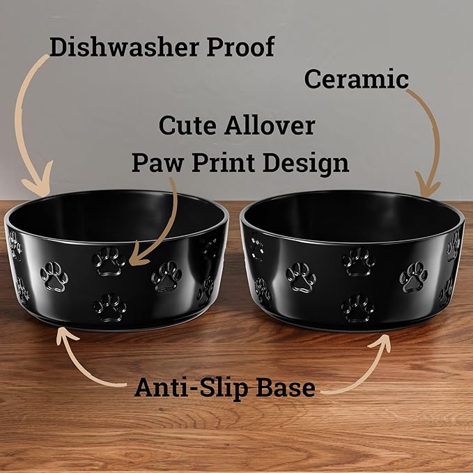 Ceramic Dog Bowl Set of 2 with Anti-Skid Base - 7.5" Wide x 3" Tall Ceramic Dog Bowls for Large Dogs - 6 Cup Capacity Food and Water Bowls for Dogs - Rubber Bottom Pet Bowl Set of 2 for Large Pets