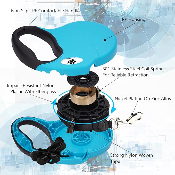 16 ft Retractable Dog Leash for Large Dogs up to 110 lbs,Tangle-Free Nylon Tape,Blue L