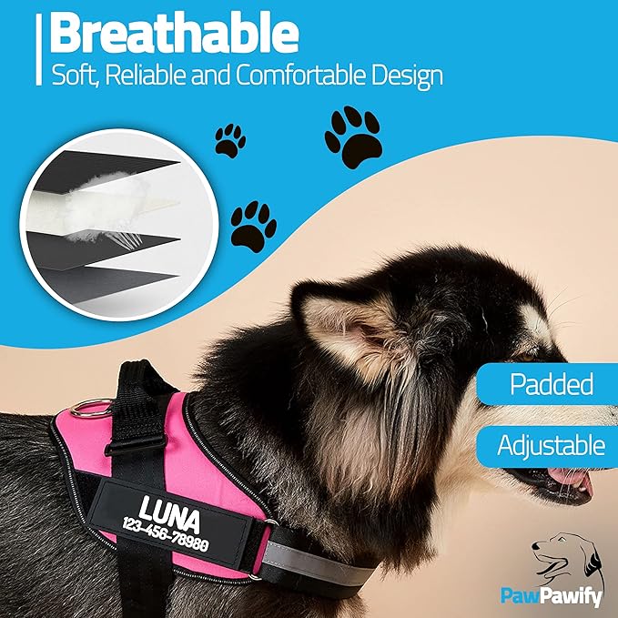 PawPawify Personalized No Pull Dog Harness with 2 Custom Name & Phone Patches, Reflective Breathable Pet Vest for Walking Training, Adjustable Heavy Duty Service Dog Vest for Small Medium Large Dogs