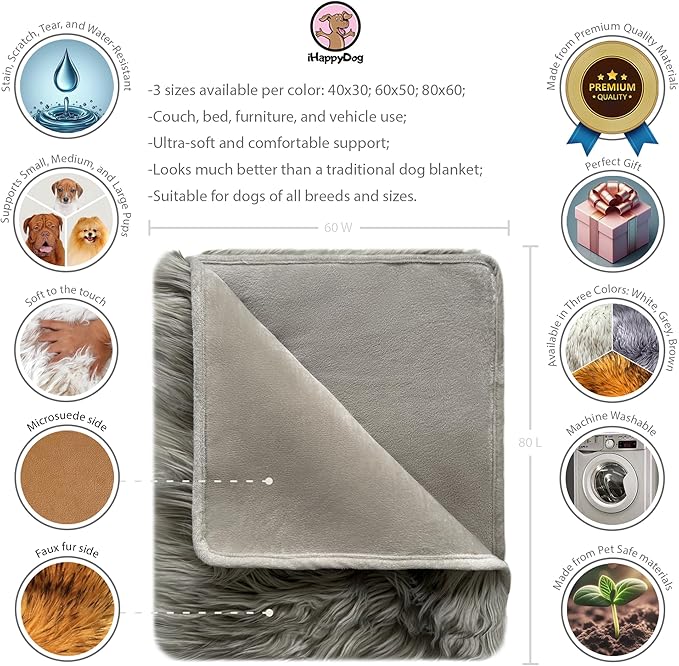 Waterproof Dog Blanket for Small, Medium & Large Dogs – Faux Fur Pet Throw for Couch, Sofa, Bed & Car – Soft, Washable, Stain-Resistant, Durable Cover – Grey – 80" x 60"