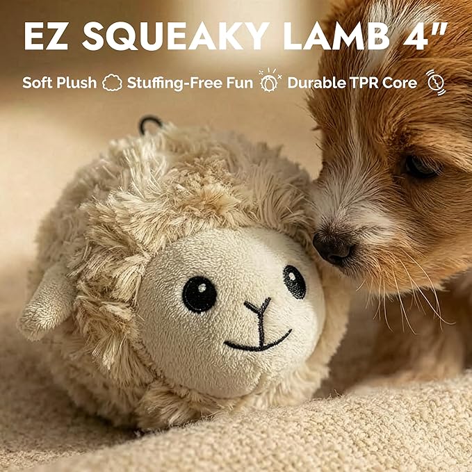 Pet Lou 4" EZ Squeaky Lamb Ball Dog Toy, Durable TPR Squeaky Ball with Plush Cover, Stuffing-Free Lamb Dog Toy for Small & Medium Breeds, Bouncy & Water-Floating