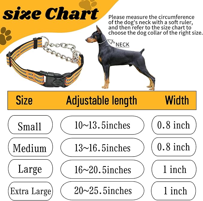 Martingale Dog Collars, Reflective Nylon Collar with Stainless Steel Chain, Adjustable Walking Training Dog Collars with Quick Release Buckle, Suitable for Small Medium Large Dogs(Orange,XL)
