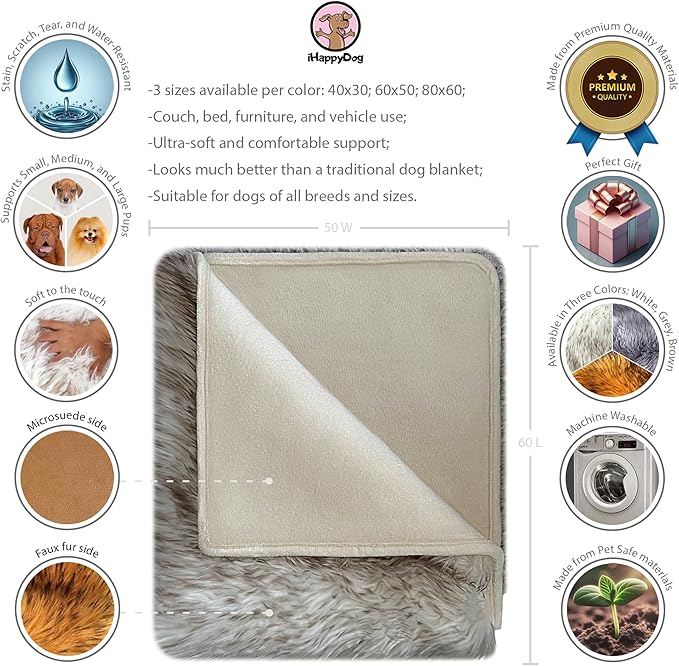 Waterproof Dog Blanket for Small, Medium & Large Dogs – Faux Fur Pet Throw for Couch, Sofa, Bed & Car – Soft, Washable, Stain-Resistant, Durable Cover – White w/Brown Tips – 60" x 50"