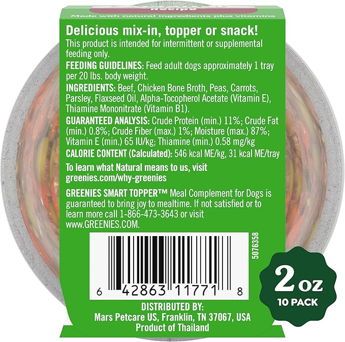 Greenies Smart Topper High Protein Wet Mix-in for Dogs, Beef, Peas & Carrots Recipe in Vitabroth Broth - Bone Broth + Vitamins E & B1, 10 Count