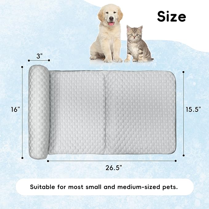 Pet Cooling Mat for Cats and Small Dogs, Self Cooling Fabric with Supportive Pillows, Lightweight, Soft and Comfortable, Leak-Proof, Non Gel, Washable, Cozy Sleeping mat, Indoor/Outdoor