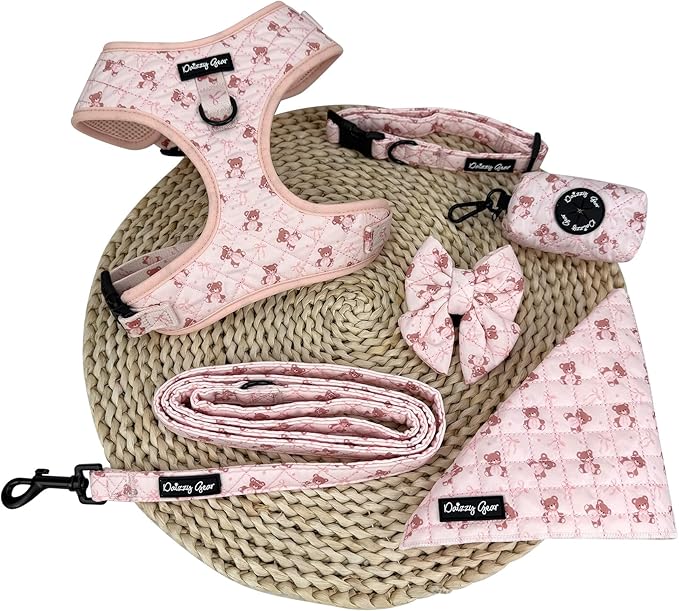 Small Dog Collar and Harness Set – No Pull, All-Weather, Breathable Harness & Leash Set with Collar, Bandana, Sailor Bow & Poop Bag Holder – Adjustable & Soft - Teddy Coquette on Jacquard Fabric
