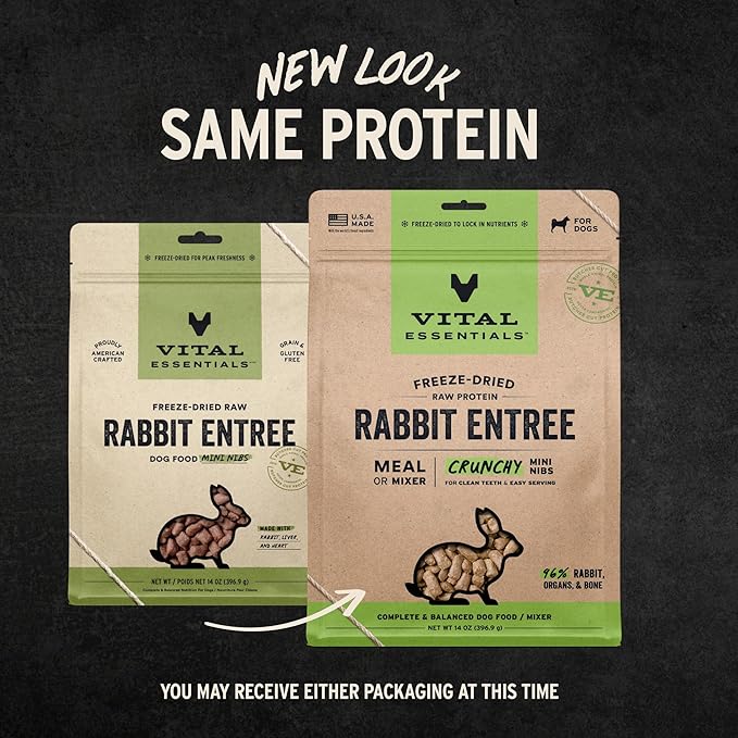 Vital Essentials Freeze Dried Dog Food, Raw Rabbit Crunchy Mini Nibs | Complete Meal or Mixer | High Protein, Low Carb, Grain Free, Dry Dog Food | 14 oz