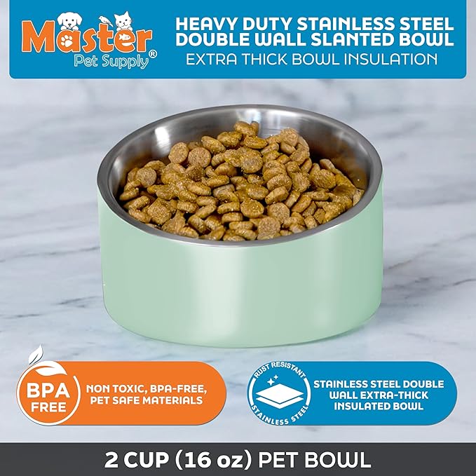 Master Pet Supply Stainless Steel Slanted Dog Cat Food Bowl - 16 oz Heavy Duty - Pistachio, Double Wall Insulated, Non-Slip Elevated Bowl for French Bulldogs Pugs Cats, Anti Rust Dishwasher Safe