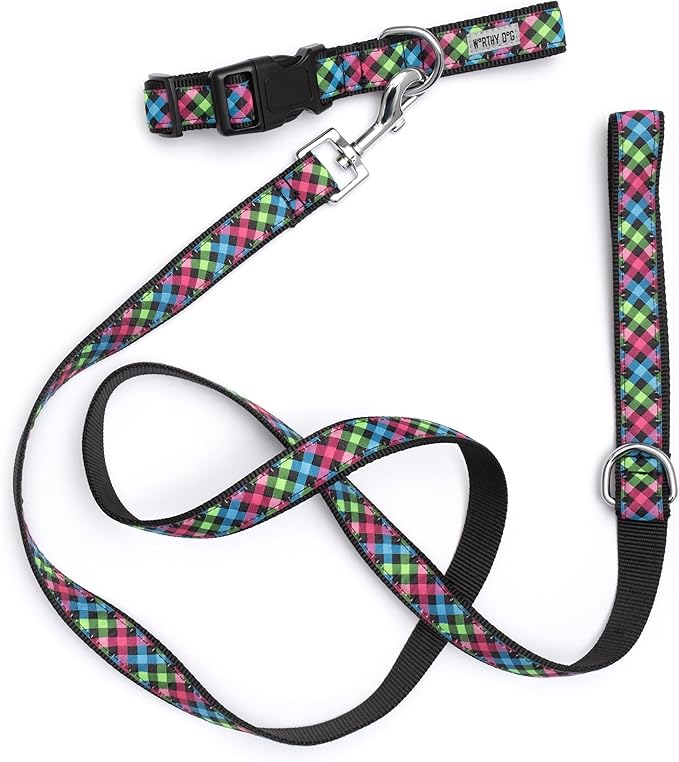 THE WORTHY DOG Collar for Small Dogs, Adjusts 9-15 inches, Durable Nylon Webbing, Quick Release Buckle, Carnival Check Pattern, Multicolored, Small