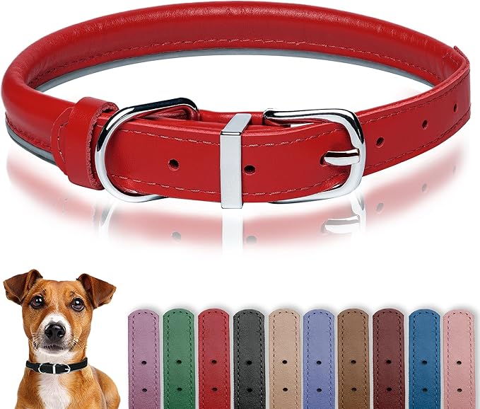 OOPSDOGGY Rolled Leather Dog Collar Reflective Roll Collars for Small Medium Large Dogs Puppy (Red, L, 14'' - 18'')