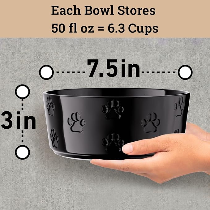 Ceramic Dog Bowl Set of 2 with Anti-Skid Base - 7.5" Wide x 3" Tall Ceramic Dog Bowls for Large Dogs - 6 Cup Capacity Food and Water Bowls for Dogs - Rubber Bottom Pet Bowl Set of 2 for Large Pets