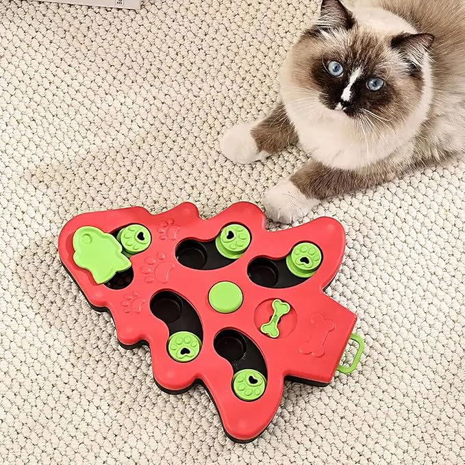 Pet Puzzle Feeder Toy – Interactive Slow Feeder Toy with Non-Slip Base, Mental Enrichment Game for Indoor Fun, Xmas-Themed Treat Dispenser (Red)