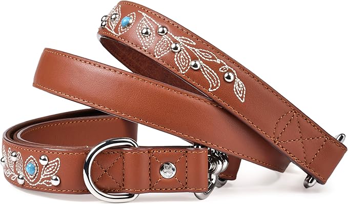Blueberry Pet Western Cowboy Premium Brown Leather Dog Leash with Decorative Floral Design