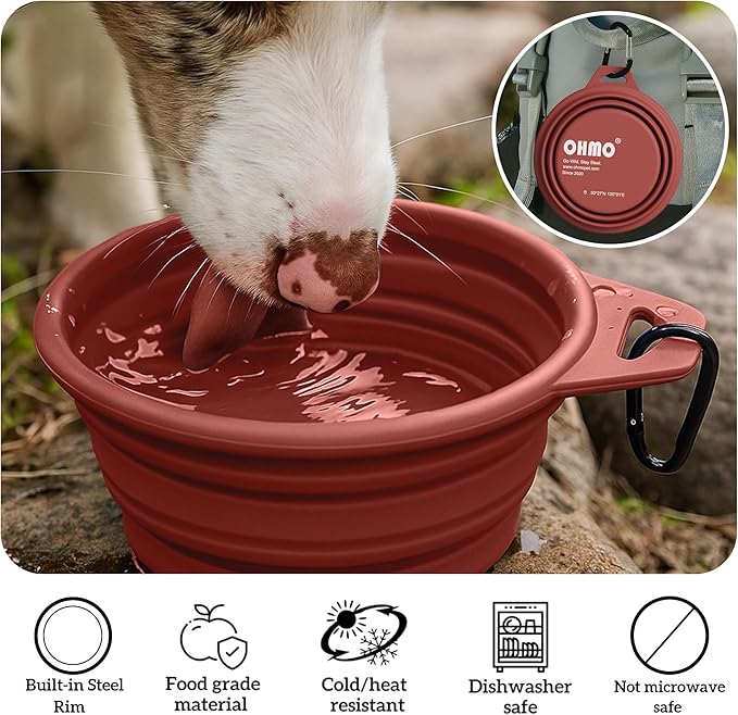 OHMO Collapsible Dog Water Bowls w/Built-in Stainless Steel Ring – 2pcs Large 27oz/800ml Portable Silicone Pet Feeding Bowl for Hiking, Camping, Travel
