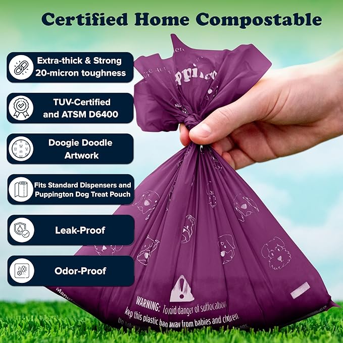 Puppington Certified Home Compostable Poop Bags - ASTM D6400 Compliant - 180 Extra Thick Bags - Plant Based - Pairs with Puppington 3-in-1 Bag & Fits all Standard Poop Bag Dispensers (Plum Wine)