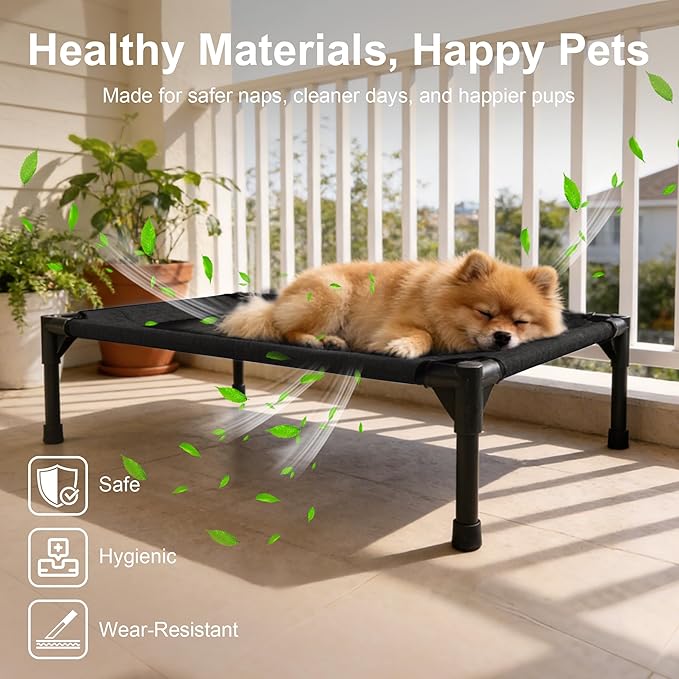 Pet Bed, Raised Pet Cot for Medium and Large Dogs, Cooling Breathable Mesh, Durable Sturdy Frame, Washable Cover, Portable and Easy to Assemble Indoor/Outdoor Pet Bed, Black, S