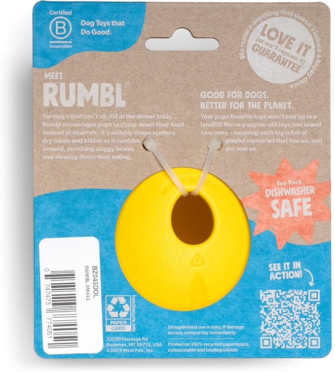 WEST PAW Zogoflex Rumbl Treat-Dispensing Dog Toy – Interactive Slow-Feeder Chew – Enrichment Toy Moderate Chewers, Fetch, Catch – Holds Kibble, (Dandelion Yellow, Large)