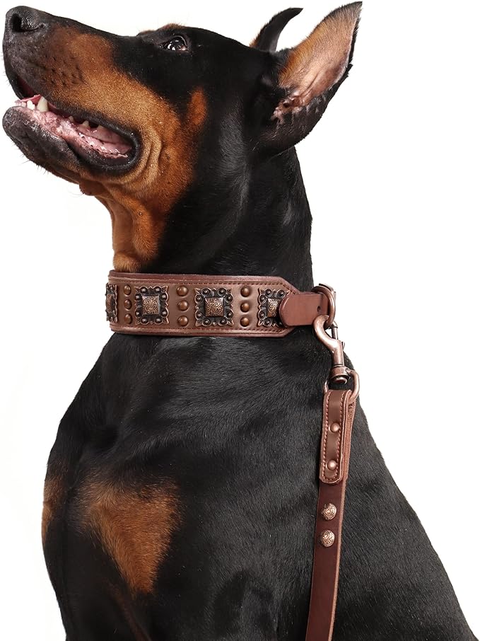 PET ARTIST Genuine Leather Dog Collar for Large Dogs, 2 inch Wide Luxury Dog Collar with Rivet Studded & Metal Buckle, Comfortable & Stylish Pet Collars for Great Dane Rottweiler,Brown,Neck 22-25"