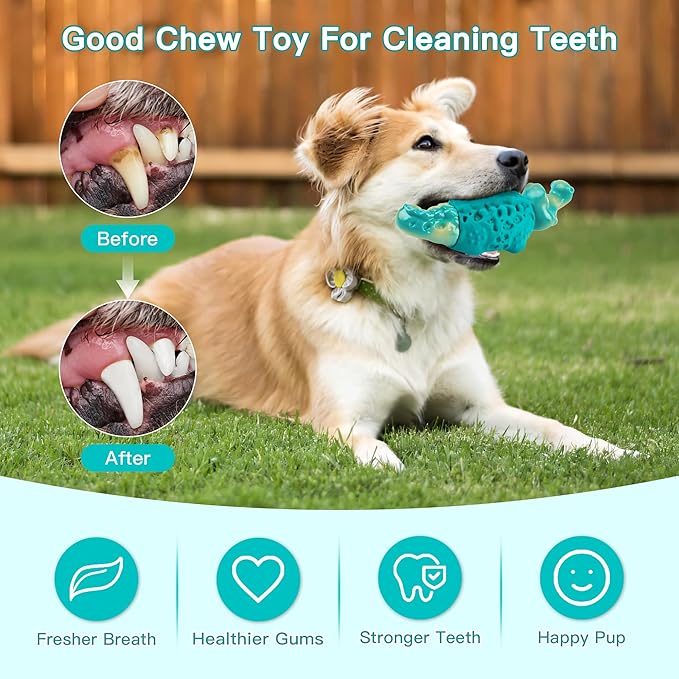 FurtasticiFinds Dog Chew Toys for Aggressive Chewers, Tough Squeaky Dog Toy for Large Medium Dogs, Bacon Flavor Nylon & Natural Rubber, Dental Care Interactive Dog Toys to Reduce Boredom, Teal