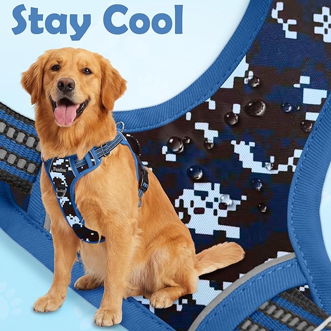 Funfox Dog Harness No Pull, Adjustable Pet Vest Harness, Super Soft Material with Vertical Handle Easy Control, Reflective Night Walking, 2 Leash Clips for Small Sized Dogs, Mosaic Blue, S
