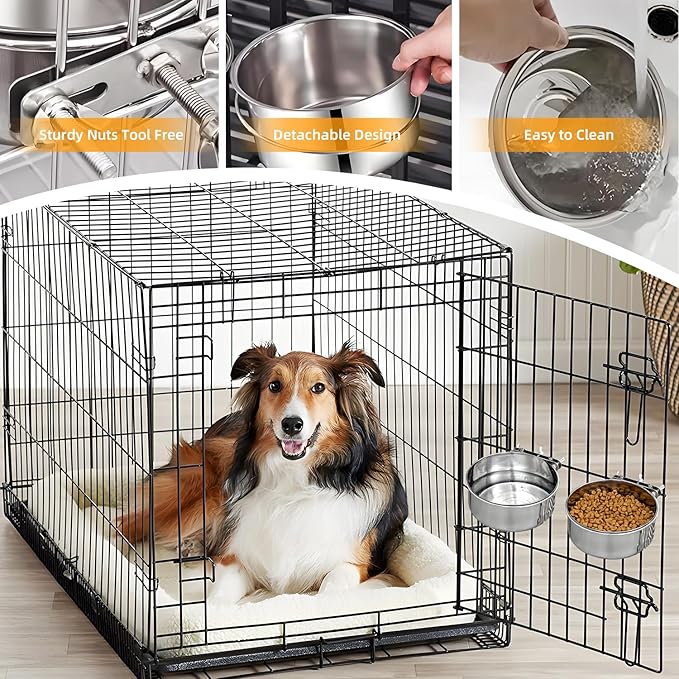 2 Packs Kennel Water Bowl Hanging Dog Crate Water Bowl No Spill Mountable Stainless Steel Dog Bowl Feeding Dish Wall Mounted Cat Food Bowls for Cats Guinea Pigs Rabbits