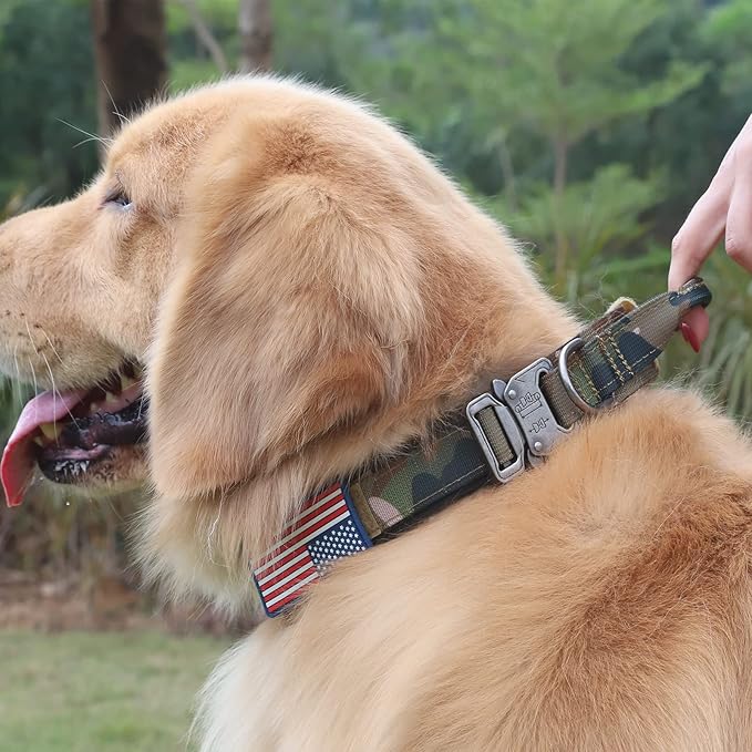 Tactical Military Collar - Adjustable Nylon, Heavy Duty Metal Buckle with Handle for Dog Training, with Patches (Camo, XL)