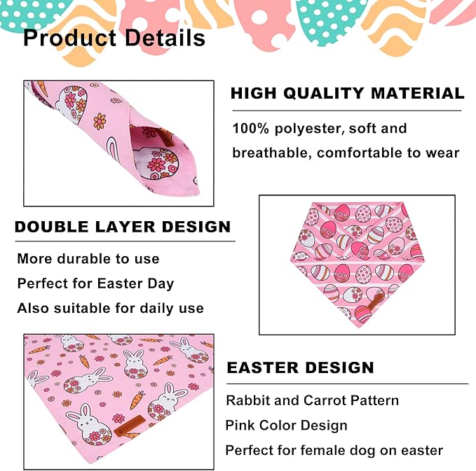 ADOGGYGO Easter Dog Bandana, Pink Bunny Scarf, Premium Durable Fabric, Adjustable Fit Female Pet Easter Bandanas for Extra Large Dogs (X-Large)