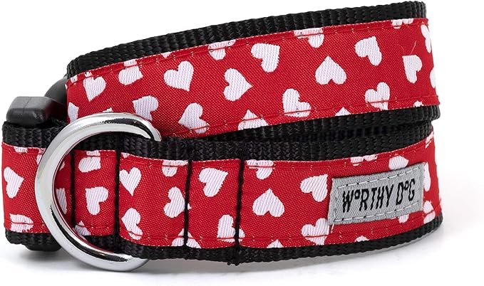 THE WORTHY DOG Adjustable Holiday Dog Collar for Large Dogs, Durable Nylon Webbing, Quick Release Buckle, Be Mine Hearts Valentine's Day Pattern, Red, Large