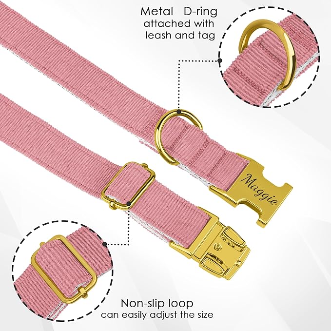 Personalized Dog Collar with Gold Metal Buckle, Velvet Custom Dog Collars for Small, Medium & Large Dogs – Puppy Collars with Metal Buckle, 4 Sizes, 8 Colors (Pink, S, 9"-12")