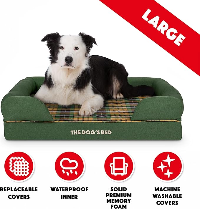 The Dog’s Bed Orthopedic Memory Foam Dog Bed with Bolsters, Oxford Fabric, Green Tartan, Large
