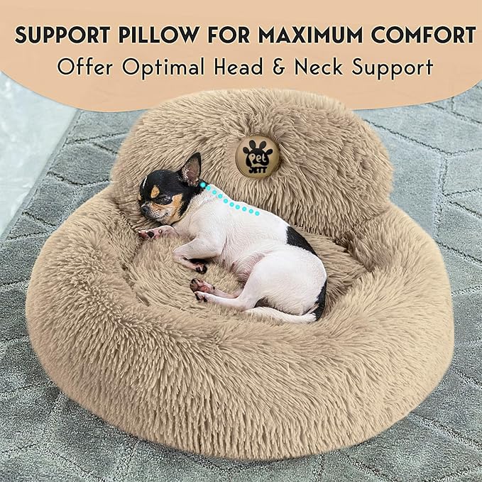 PetJett Calming Dog Beds for Small Dogs – 23" Donut Dog Beds, Anti-Slip & Washable Fluffy Plush Faux Fur Pet Bed, Anti-Anxiety Premium Comfort Round Puppy Bed, Fits Dogs up to 25 lbs – Beige