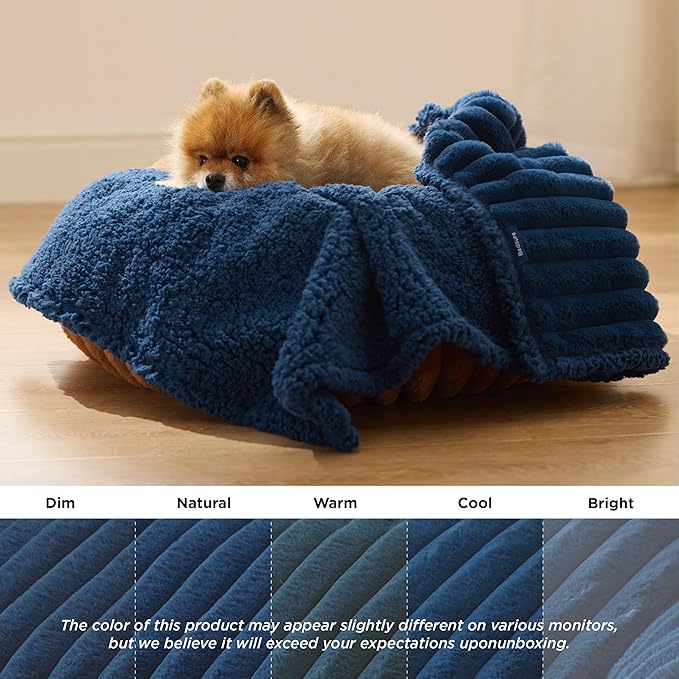 Bedsure ComfyFleece Waterproof Dog Blankets for Small Dogs - Soft Puppy Cat Blanket Corduroy Fleece Washable, Cozy Calming Reversible Furniture Protection for Pet Kitten Doggy,25"x35", Navy Blue