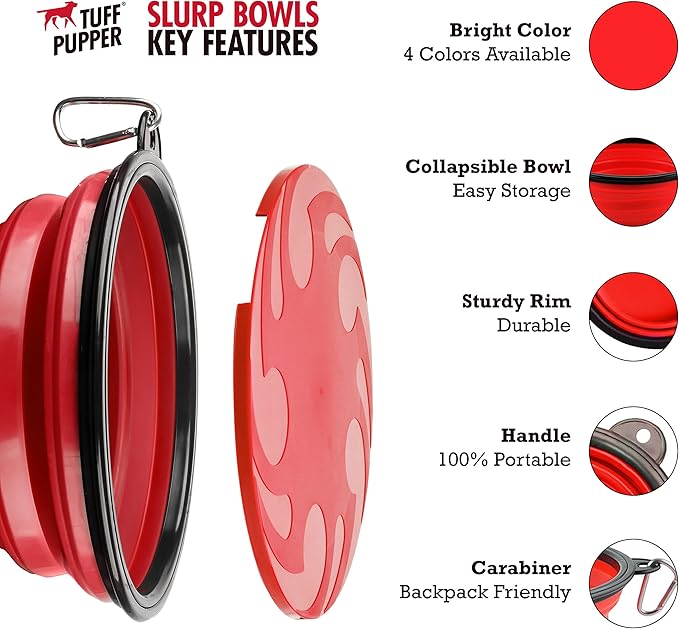 Tuff Pupper SuperBigSlurp Collapsible Dog Bowls | Two Pack Bowls | Extra Large Capacity | Portable, Food Safe, Odorless | Non-Toxic Silicone [Two Pack Red Bowls 60oz]