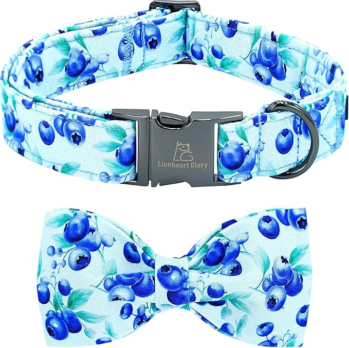 Lionheart glory Dog Bow Collar Blueberries Print Collars for Small Dogs, Spring Summer Cute Duty Adjustable Dog Collar with Bowtie Pet Collars Bows Pet Gift