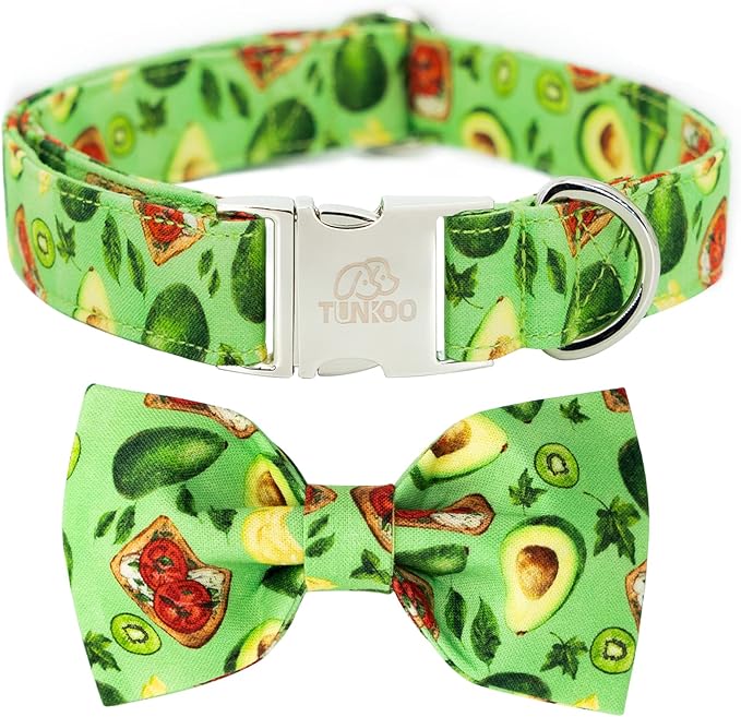 Tunkoo Dog Collar Avocado Floral Bow Tie Unique Style Super Soft Comfy Adjustable Cotton Collar with Premium Metal Buckle, for Puppy and Cat Small Medium Large Pet Supplies（Avocado，L）