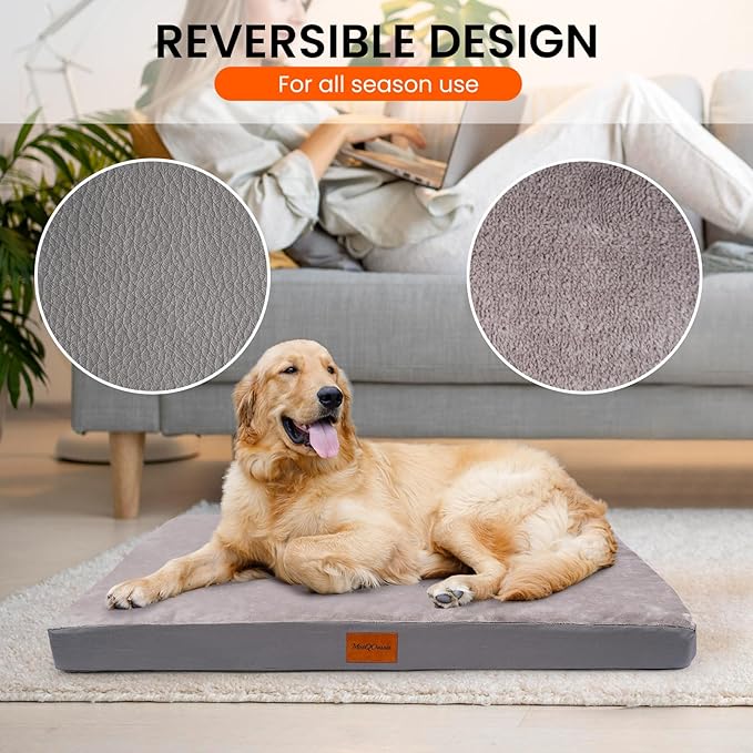 Waterproof Dog Bed for Large and Medium-Sized Dogs, Orthopedic Washable Crate Pad 35 inch, Egg Crate Foam Pet Bed Mat with Removable Cover, Anti-Slip Reversible Kennel Pad, 35''×22'', Grey
