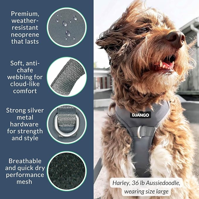 DJANGO Tahoe No Pull Dog Harness – Escape-Proof Dog Harness for Medium & Large Dogs with Front & Back Clips for Everyday Use – Adjustable, Padded, Reflective, Secure, Easy On/Off – Poppy Gray, Large