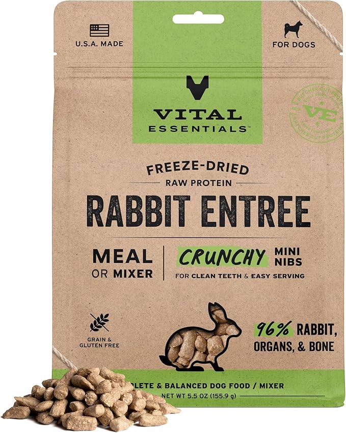 Vital Essentials Freeze Dried Dog Food, Raw Rabbit Crunchy Mini Nibs | Complete Meal or Mixer | High Protein, Low Carb, Grain Free, Dry Dog Food | 5.5 oz