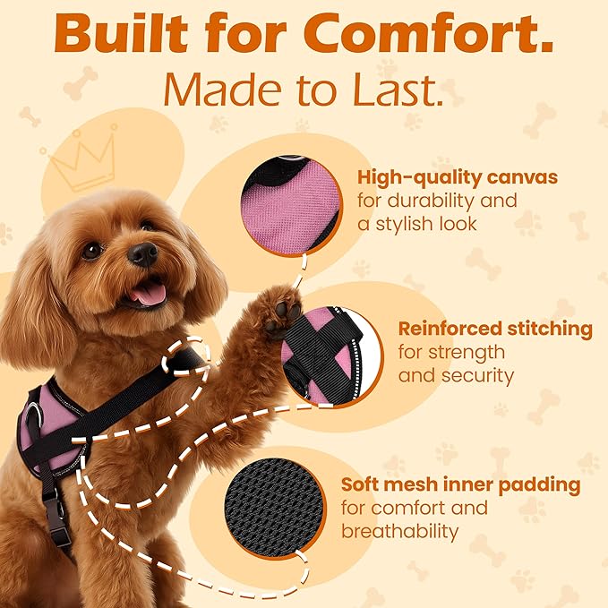 Bark Appeal Light Pink No-Pull Dog Harness for XS to Small Sized Pets – Adjustable, Reflective Vest with 3 Leash Clips for Added Control, Easy Walks & Training – Small