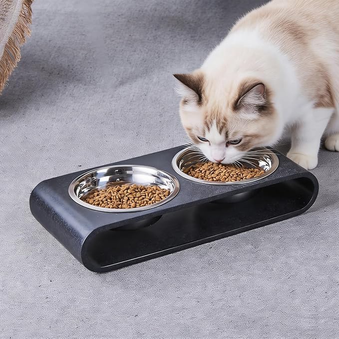 Black Marble Elevated Dog Bowls Set - 2 Thick 6" Stainless Steel Puppy Food Bowl with Non-Slip Raised Holder Stand, Double Feeding Bowls for Food and Water, Suitable for Cats and Small Medium Pet