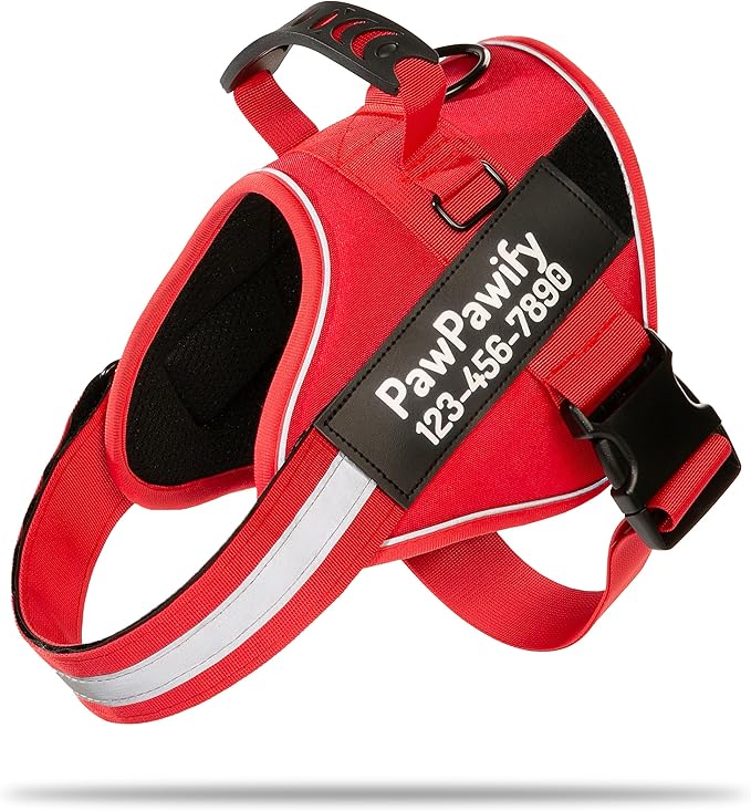 PawPawify Custom No Pull Dog Harness with Name and Phone Number, Heavy Duty Personalized Pet Vest to Prevent Tugging, Pulling, or Choking, Training and Walking (New Red, XS (5-9LBS))