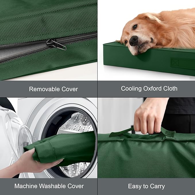 Outdoor Large Washable Dog Bed, Orthopedic Egg Crate Foam Dog Crate Mat for Large Dogs with Removable Oxford Cooling Cover, Dark Green