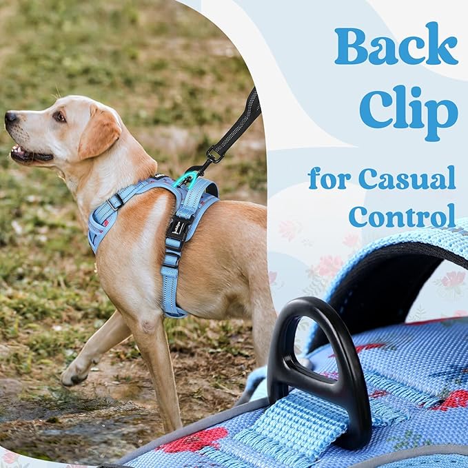rabbitgoo Dog Harness Medium Sized, No Pull Pet Harness with 3 Buckles, Adjustable Soft Padded Vest with Control Handle, Walking Reflective Pet Vest for Medium Dogs, Floral Blue, M